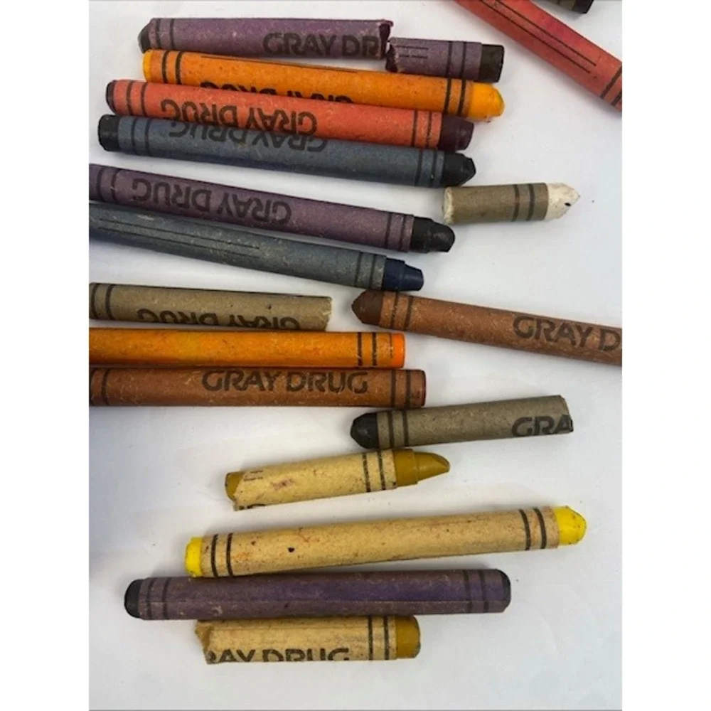 Vintage Crayola Gray Drug Crayon Collection in Daher Winter Farm Scene Metal Tin
